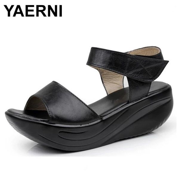 

dress shoes yaerni 2021 open toe genuine leather sandals women casual platform wedges summer, Black
