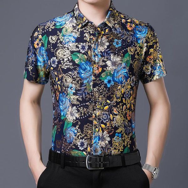 

men's casual shirts floral print men short sleeve mens shirt summer brand business work chemise homme wedding non iron dress camisas, White;black
