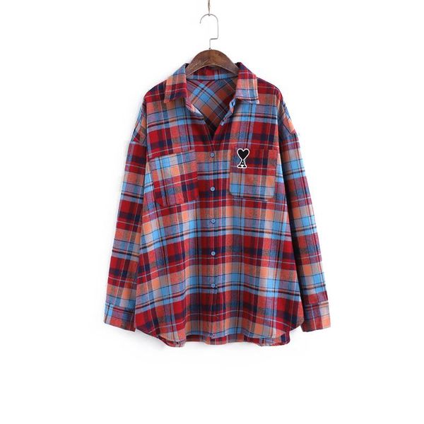 

women's wool & blends 2021 spring korea version loose short sanding embroidery fold love plaid preppy long sleeve lady shirt coats, Black