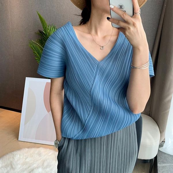 

women's t-shirt short sleeve v-neck loose for women summer solid color plus size miyak pleated casual elegant 2021 female pullover, White