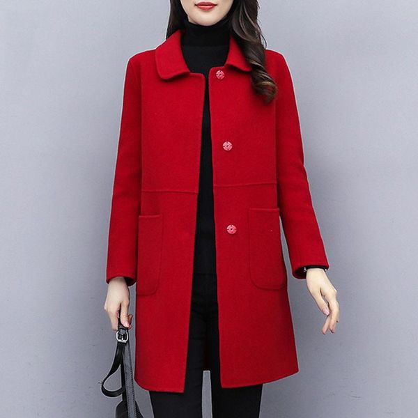 

women's wool & blends autumn women faux coat long sleeve single breasted fashion turn down female causal loose winter thicken outwear 2, Black