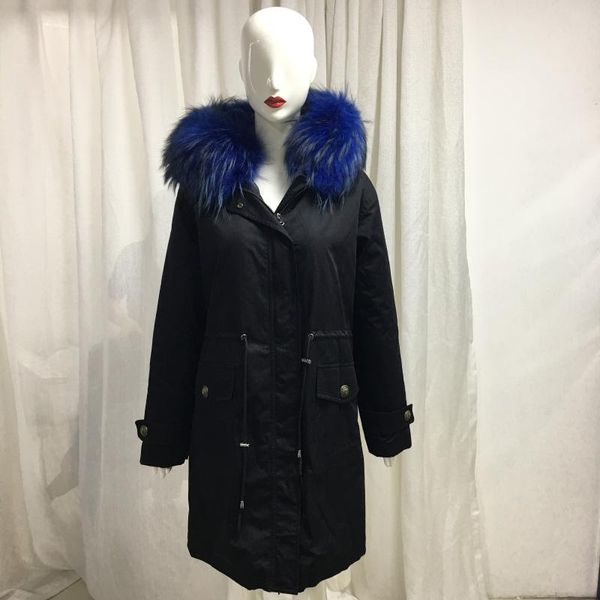 Parka caldo da donna stile lungo in finta pelliccia Cappotto foderato blu scuro con grande abbigliamento con cappuccio