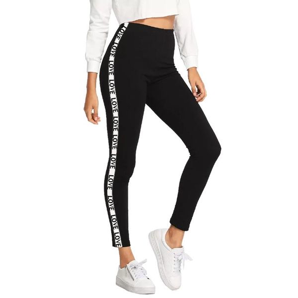 

women's leggings women high waist side stitching love word print for fitness feminina workout jeggings patchwork pants, Black