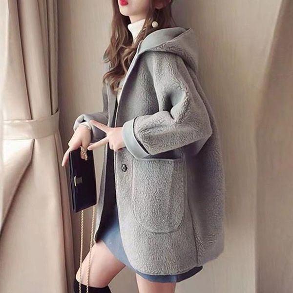 

women's jackets plus size autumn winter mid-length long-sleeved loose hooded coat lamb wool short women fashion, Black;brown
