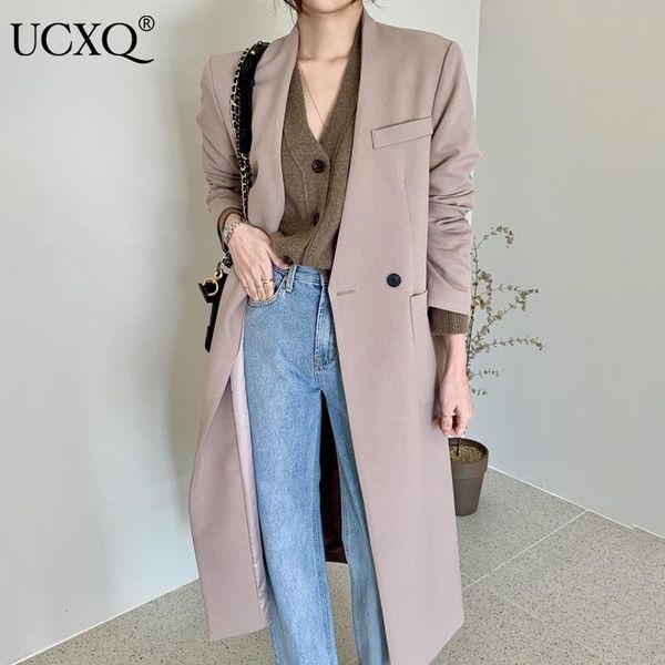 

women's suits & blazers ucxq woman blazer coat korean chic autumn solid v-neck single button loose pocket mid length casual 2021 23xy47, White;black