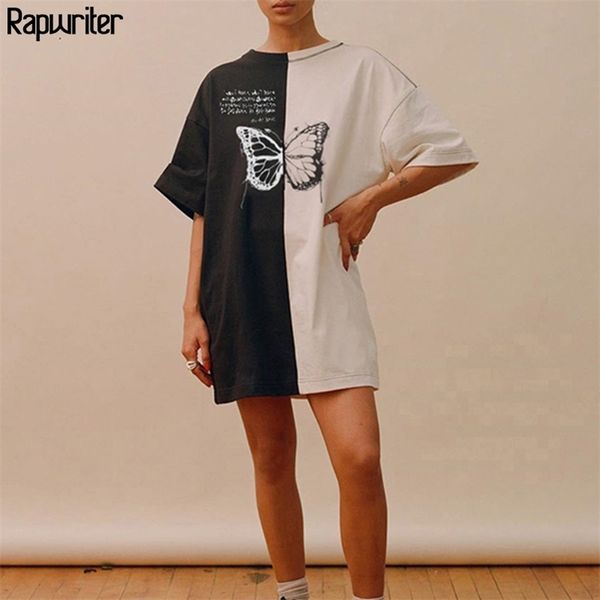 

buerfly prin pachwork oversized shir summer women loose o-neck shor sleeve harajuku long shir 210510, White