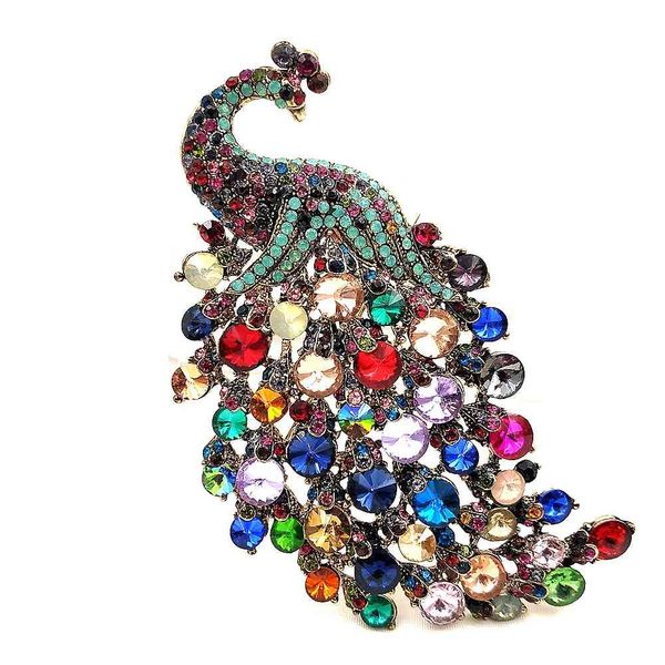 

gorgeous multi colored crystal rhinestones 4.22'' large peacock brooches with teal green accent statement bid pins coat jewelry, Gray