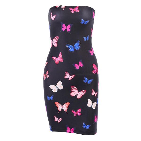 

casual dresses ladies fashion butterfly print slim short skirt summer women colorful printing strapless dress mini, Black;gray