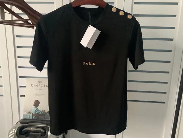 2021 İlkbahar Yaz Çift Tasarımcı T Gömlek Omuz Altın Toka Bronzlaştırma Harfleri Baskı Erkek Kadın Ekip Boyun Pamuk T-shirt Üstleri XS-2XL