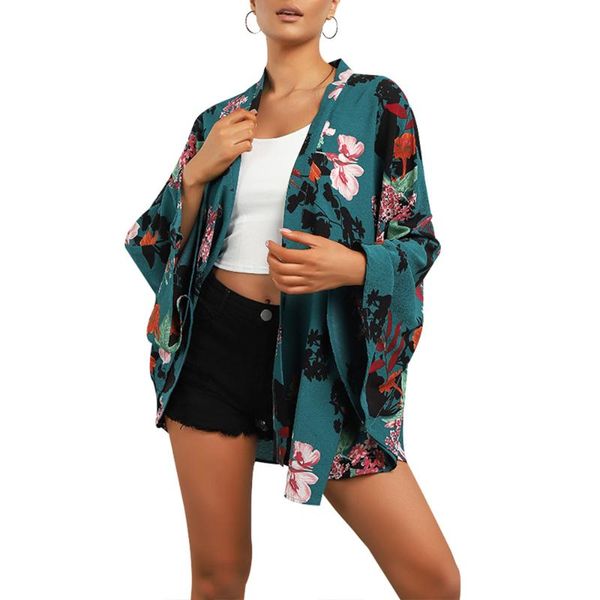 

kimono cardigan women summer fashion open stitch loose female clothes floral print chiffon long sleeve beach wear d30 women's swimwear, White;black