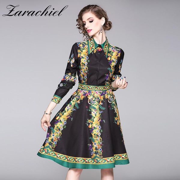 

casual dresses autumn winter women single-breasted flower printed long sleeve turn-down collar vintage dress ladies midi party, Black;gray