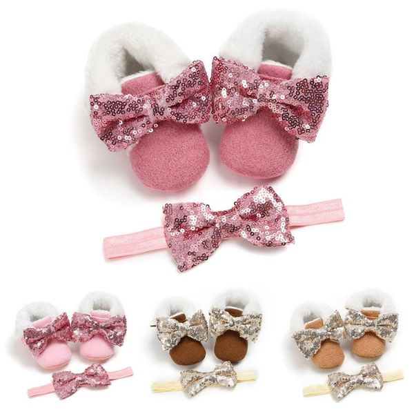 

fashion sequined children's shoes + headbands for girls 2021 warm mid-calf winter boots kids fur toddler snow baby first walkers