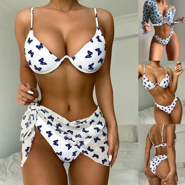 

women's swimwear women split swimsuit set, butterfly print deep v-neck bikini+elastic waist panties+mesh cover ups, White;black
