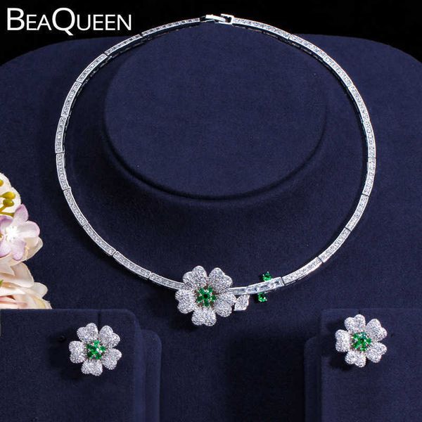 BeaQueen Green CZ Crystal Pavimentato Cubic Zircon Stones Big Flower Statement Collana Orecchini Donna Set di gioielli da sposa JS162 H1022