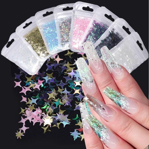

nail art decorations 3d holographic star decoration colorful glitter sequins flakes paillettes nails accessories home set charms, Silver;gold