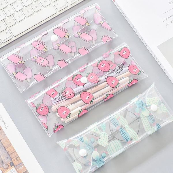 

pencil bags transparent pvc fruitppencil case cute creative snap button pen storage stationery bag student supplies