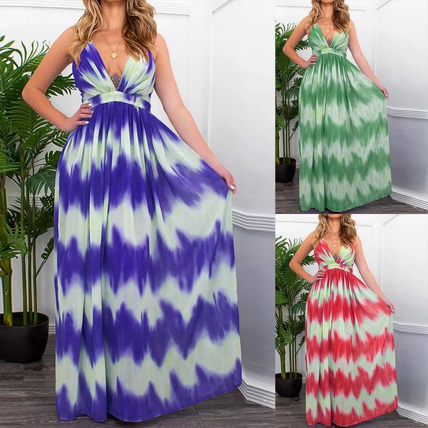 

sleeveless tie dye printing sling womens dresses casual plus size v neck ankle length, Black;gray