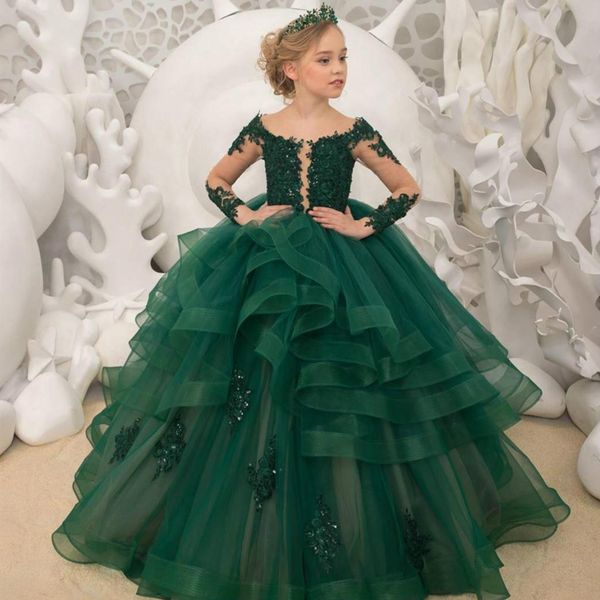 Puffy Ruffle Tiered Abiti da ragazza di fiori verde scuro Scoop Neck Appliqued Perline Maniche lunghe Abiti da spettacolo per bambina Abiti da comunione per bambini Festa di compleanno