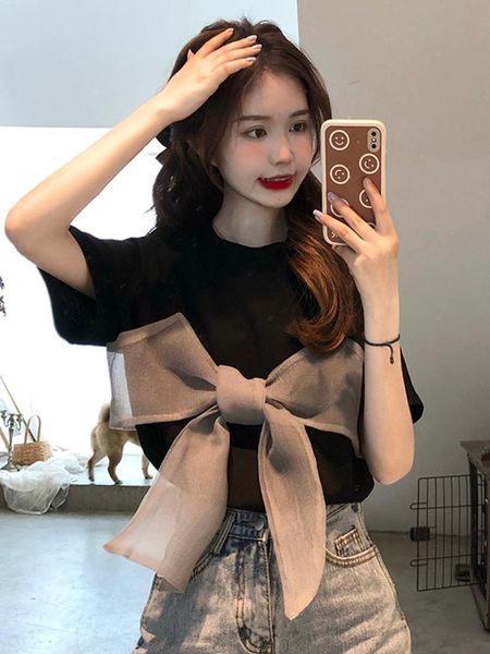 

women's t-shirt chic dress sense of design: small number style 2021 tie short sleeve in summer, White