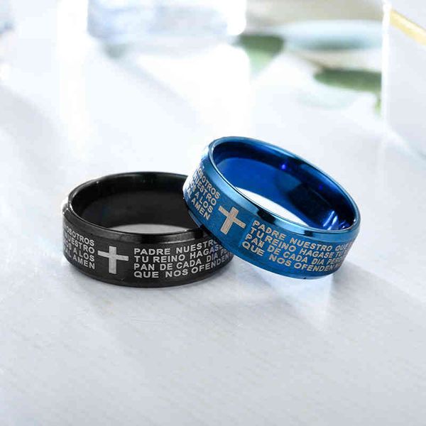 

band men's stainless steel black color jesus cross letter bible prayer finger rings for men 8mm amulet jewelry, Silver