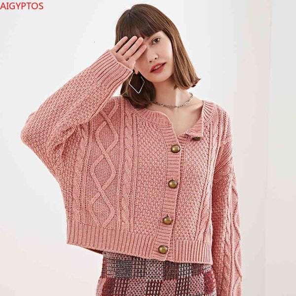 

women's knits & tees autumn and winter clothes warm sweater cardigan women's retro round neck short twist thick wool jacket wear f, White