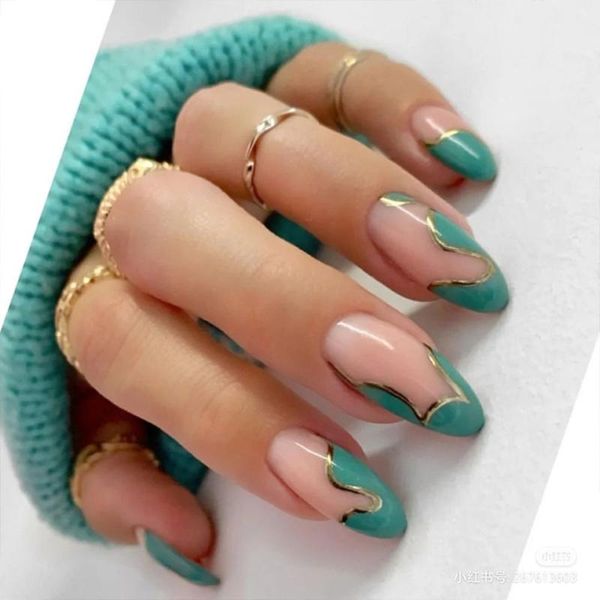 

nail art kits 24pcs lake blue almond false nails with design full cover tips press on gold thread wave stitching fashion fake