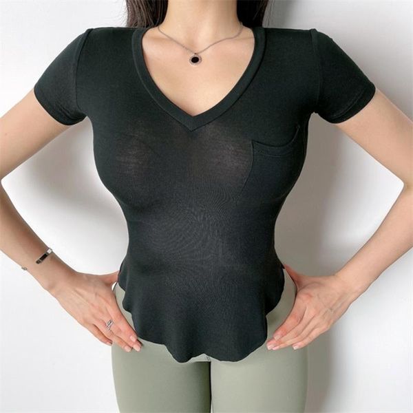 

v neck cropped yoga short sleeve pocket fitness t shirt women breathable running training sport t-shirt gym slim outfit