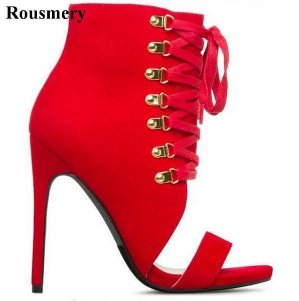 

summer fashion women open toe suede leather ankle wrap high heel sandals lace-up strap design gladiator red black