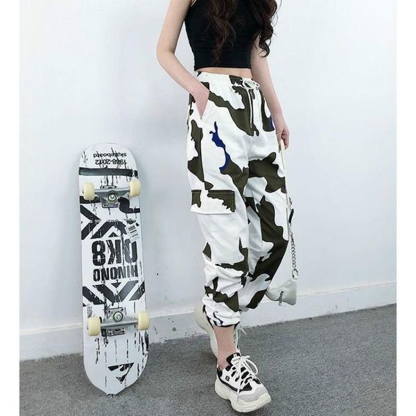 

women's pants & capris camo cargo loose students harem female hip hop casual high waist straight 5xl trousers streetwear, Black;white