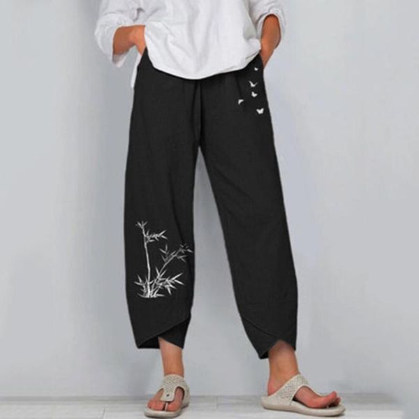 

vintage linen pants women's summer trousers casual elastic waist asymmetrical pantalon female cropped oversized & capris, Black;white