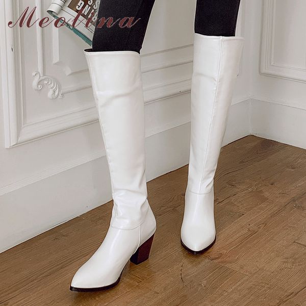 

meotina western boots women shoes zip high heel knee-high boots pointed toe block heels long boots lady winter white black 33-46 210520