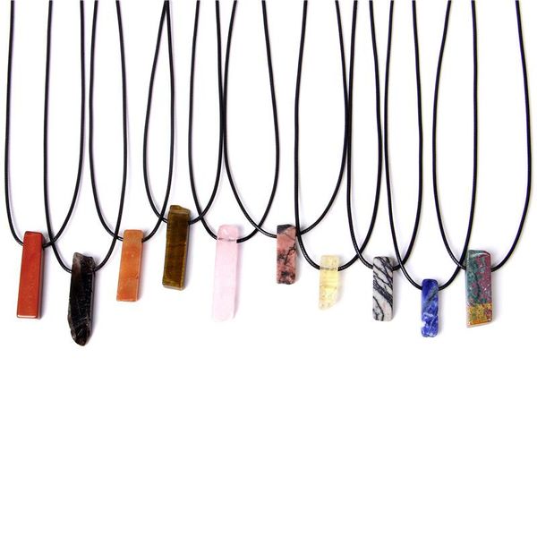 

reiki healing irregular stone pillar crystal quartz pendant & necklace leather chains for men women fashion jewelry, Silver