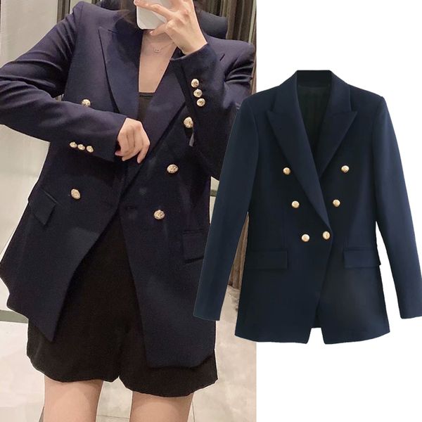 

women's two piece pants new fashion designer blazer jacket single breasted metal casual buttons outer long sleeve lapel navy 2pgy, White