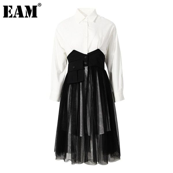 

casual dresses [eam] women black hem pocket mesh spliced shirt dress lapel long sleeve loose fit fashion tide spring autumn 2021 1dd80730, Black;gray
