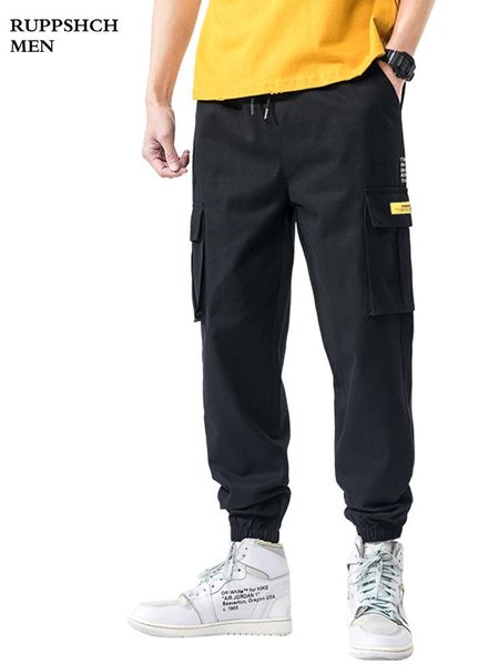 

men's pants men 2021 summer trend large size casual overalls printed multi-pocket nine-point sports loose, Black