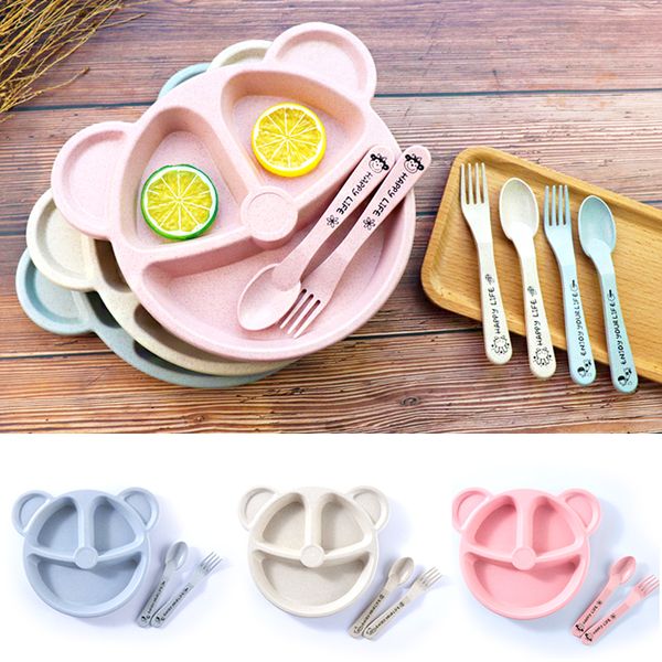 

3pcs/set baby bowl+spoon+fork feeding food tableware cartoon bear kids dishes eating dinnerware anti-training dinner plate