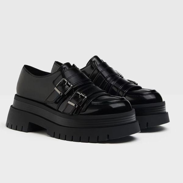 

dress shoes novo preto fivela bombas de couro das mulheres sapatos plataforma retro salto alto grosso soled mary janes punk casual zapatos m, Black