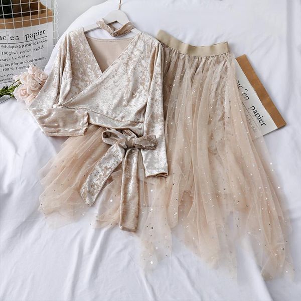 

two piece dress mooirue 2021 pleuche women 2 sets bow pullovers mesh skirts vintage streetwear v neck casual korean style skirt set, White