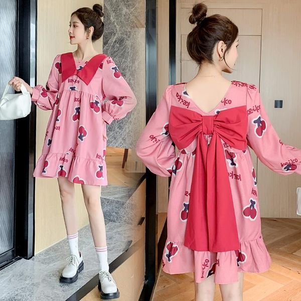 

811# maternity clothes spring autumn v neck cotton long sleeves floral dress stylish pregnant women pregnancy dresses, White