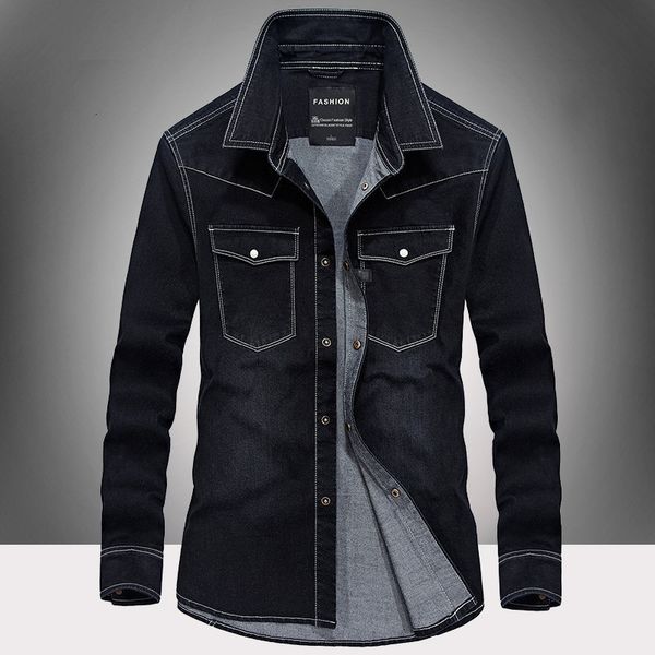 

men's dress shirts long sleeve denim large lapel pocket outdoor casual solid color 8bib, White;black