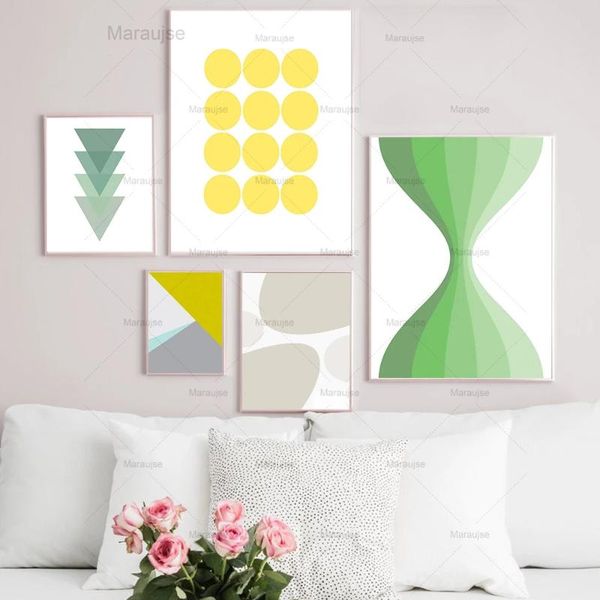 

paintings geometric printable wall art poster green retro yellow modern print cubism mid century canvas painting decor
