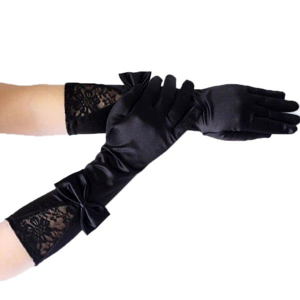 

five fingers gloves women black lace patchwork satin with bowknot clubwear party dance performance accessories, Blue;gray