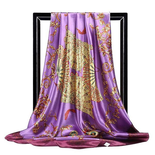 

scarves 2021 spring luxury square shawl fashion silk satin kerchief print beach towel women 90x90cm neck for ladies dropship, Blue;gray