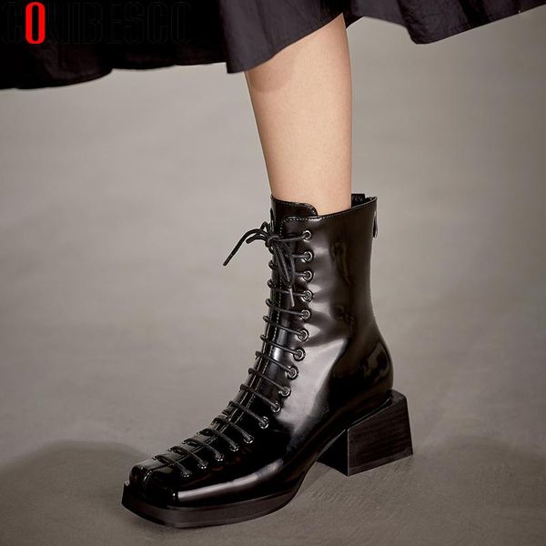 

boots covibesco autumn winter women ankle narrow band thick heels shoes woman casual concise back zipper square toe, Black