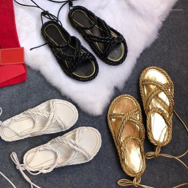 

sandals 2021 unique weave woman genuine leather women shoes ankle strap lace-up thick bottom flats1, Black