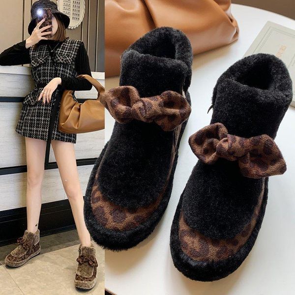 

boots women's winter ankle shoes round toe flat with zippre leopard plus velvet warm ladies botas mujer, Black