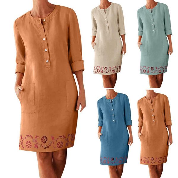 

women dress retro o neck long sleeve single breasted floral print hem knee length female vestidos, Black;gray