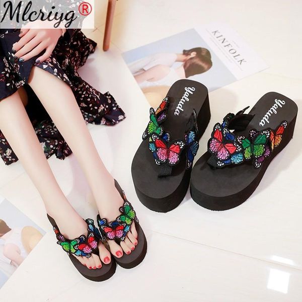 

women's fashion slippers butterfly decorate anti-slip wedge slides indoor outdoor thong platform flip-flops 2021 summer, Black