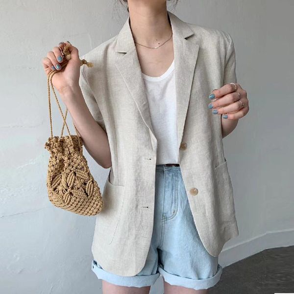 

women's suits & blazers korean cotton linen casual blazer women jackets loose short suit coat summer solid vintage elegant outwear 2021, White;black