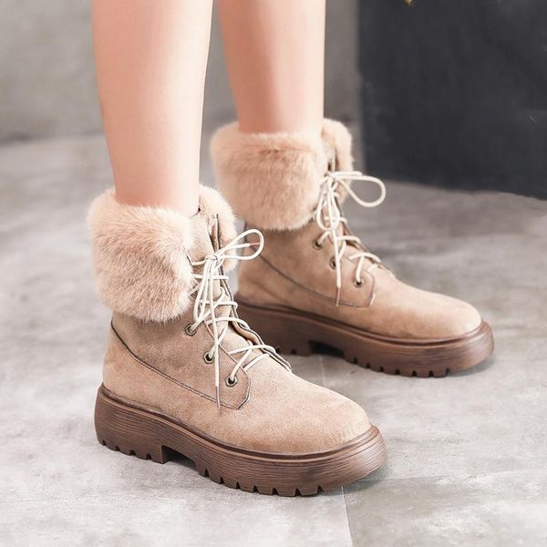 

boots women winter snow fur warm flock casual shoes low heel ladies ankle lace-up platform botas mujer, Black